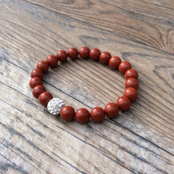 Red Jasper bracelet with rhinestone focal bead, crystal healing bracelet - Picture 4 of 9
